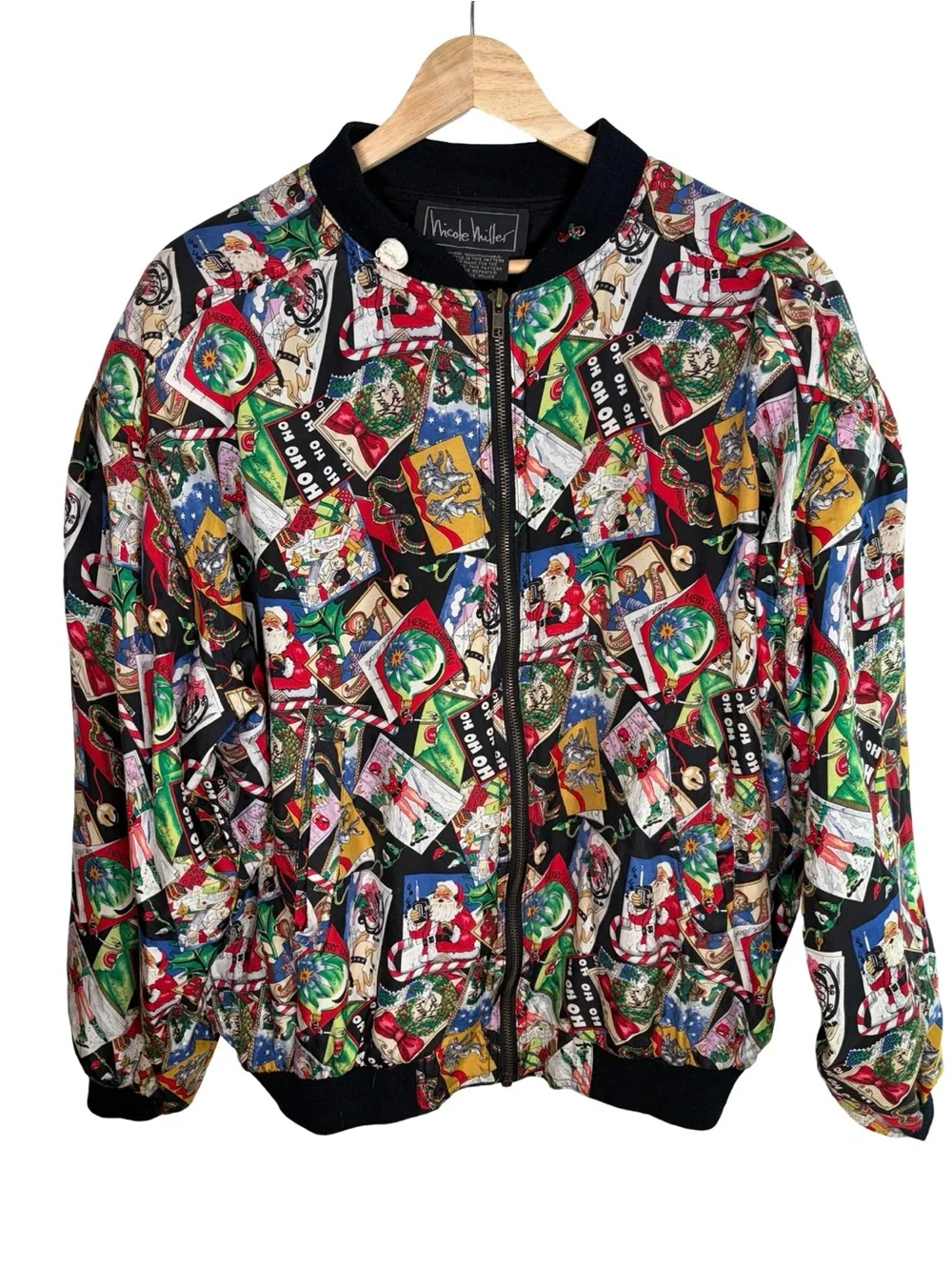 Nicole Miller silk Black Multi Holiday Bomber Jacket small